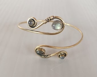 Gold Labradorite Swirl Arm cuff, Arm Band, Upper Arm Band, Brass Bangle, Tribal Gemstone Crystal Bohemian Festival Bracelet, gift for her