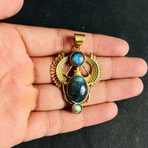 Labradorite Scarab Necklace, Scarab God Khepri Necklace, Ancient Egyptian Mythology Pendant, Gemstone Necklace, Gift for Her