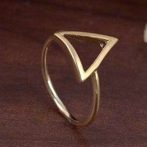 May include: A gold-toned ring with a triangular design. The triangle is open and the ring is simple and minimalist.