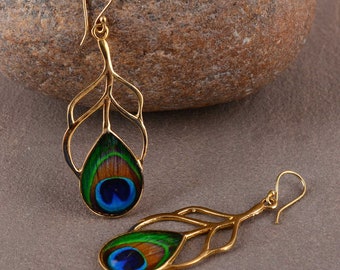 Peacock Feathers Earrings, Natural Blue and Green Feathers, Unique Gift