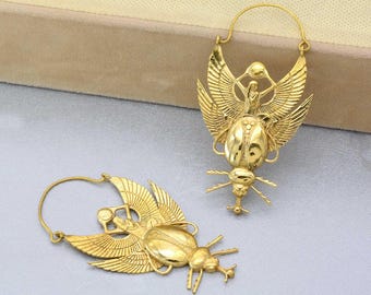 Handmade Brass Scarab Wing Earrings: Egyptian Goddess Jewelry