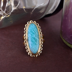 Handmade Brass Larimar Ring: Boho Women&#39;s Jewelry