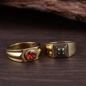 Handmade Brass Signet Ring: Green Onyx or Garnet Stone