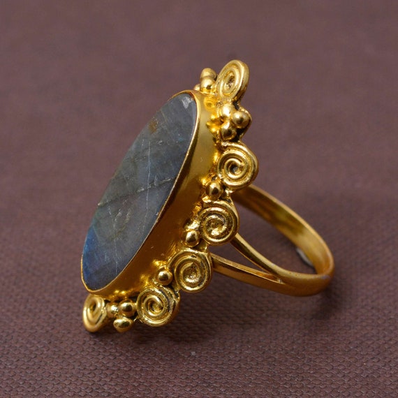 Gold plated Labradorite  Brass Ring,  Stone brass Ring,  Ring, Unique Brass Ring, Raw Brass Ring, Handmade Rings, Hammered Ring, AN222