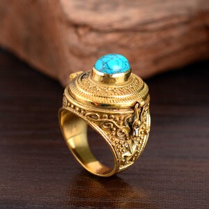 Brass Turquoise Poison Ring, Pill Box Ring