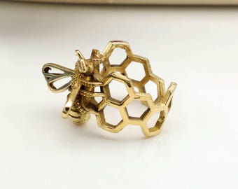 Gold Brass Bee and Honeycomb Band Honeybee Ring: Adjustable Boho Nature Jewelry