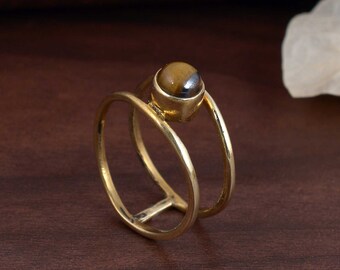 Tiger Eye Ring, Brass Ring, Handmade Ring, Statement Ring, Double Band Ring, Gemstone Ring, Boho Ring, Dainty Ring, Women Ring, Gift For Her