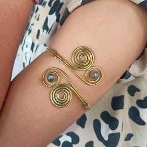 Upper arm band, Gold Labradorite Swirl arm cuff, handmade arm cuff, Tribal Gemstone Crystal Bohemian Festival arm cuff, gift for her