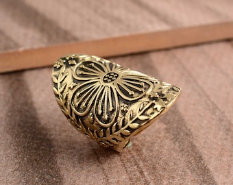 Handmade Brass Mandala Ring: Antique Boho Statement Jewelry