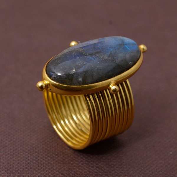 Handmade Brass Labradorite Ring: Statement Gemstone Ring