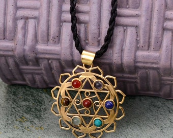 Energy pendant necklace golden Metatron cube Sacred Geometry & Seven Chakra stones, Meditation jewelry, Brass Pendent