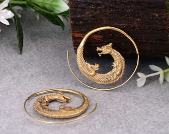 Brass Dragon Hoop Earrings: Gothic Mens Jewelry, Handmade