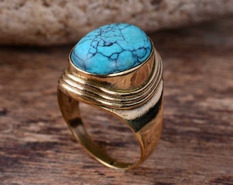 Handmade Brass Turquoise Statement Ring: Bohemian Hippie Jewelry