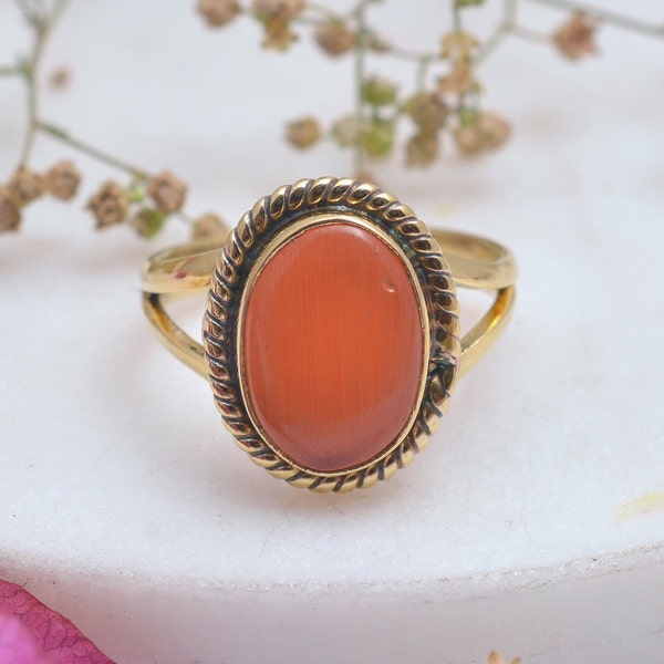 Carnelian Ring, Orange Stone Ring, Brass Ring, Gemstone Jewelry, Vintage Ring, Wedding Ring, Dainty Ring, Unique Ring,Boho Ring,Gift For Her