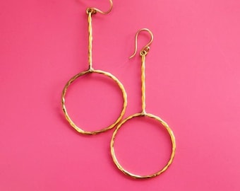 Handmade Brass Gold Dangle Earrings: Geometric Circle Bar, Minimalist Gift