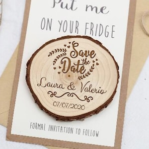 Personalized Wooden Save the Date• Engraved Save The Date Wood Slice Magnet • wreath Save The Date magnet •  Rustic Wedding save the date