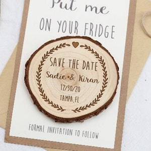 Personalized Wooden Save the Date• Engraved Save The Date Wood Slice Magnet • wreath Save The Date magnet •  Rustic Wedding save the date