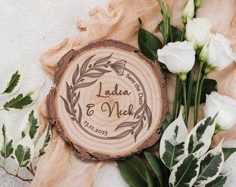 Flora Wooden Save the Date• Engraved Save The Date Wood Slice Magnet • Wedding Favors • wreath Save The Date magnet •  Rustic save the date