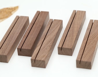 Soportes de mesa de madera de nogal negro, soporte de tarjeta de lugar de nombre, soportes de números de mesa de nogal, soporte de madera de nogal, soportes de etiquetas de nombre, soportes de invitación