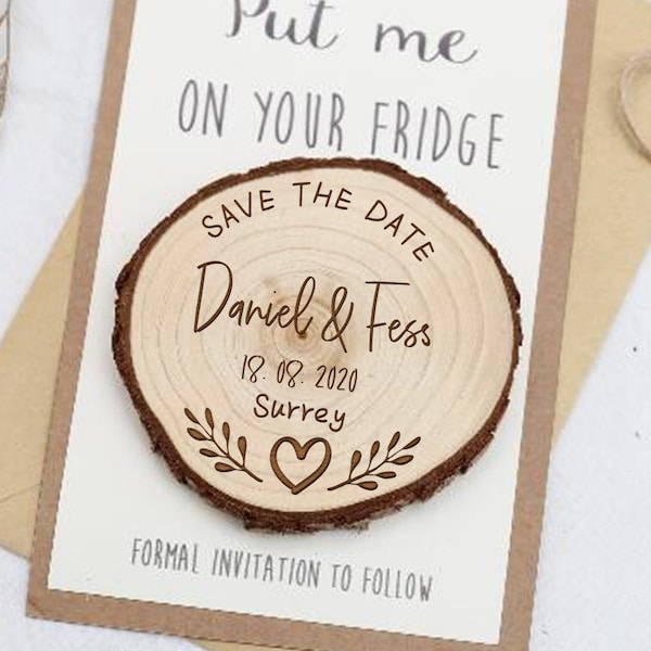 Personalized Wooden Save the Date• Engraved Save The Date Wood Slice Magnet • wreath Save The Date magnet •  Rustic Wedding save the date