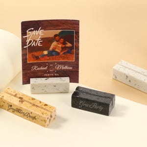 Modern Terrazzo Card Holder, 3 colors Terrazzo calendar Holder,  Picture Holder, Custom Engraved Name Tag Holders, Invitation Stands