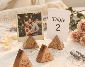 Custom Wedding Table Number Holders, Engraved Triangular Place Card Holders (Boxwood), Invitation Holder, Wooden Display Stands,
