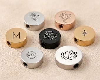 Personalized Laser Engraved Cylinder Beads, Custom Metal Jewelry Charms (8-15mm) ,Mini Jewelry Brand Tags, Bracelet Custom Bead