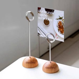 Natural Wood Metal Tag Clips, Display Card Stands, Small Card/Business Card/Breadboard Holders, Custom Engraved Wedding Table Number Holder,