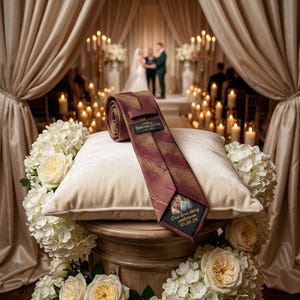 May include: A burgundy and gold patterned tie with a custom photo and text, displayed on a cream-coloured pillow. The tie is labelled "Heritage Stitch" and features the text "Our love story continues 10.26.24". The background shows a wedding ceremony.