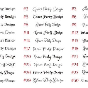 May include: A white background displays 30 variations of the text "Grace Party Design" in various fonts and styles. Each design is numbered in red, with some text in bold or uppercase.