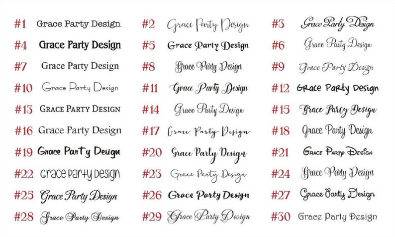 May include: A white background displays 30 variations of the text "Grace Party Design" in various fonts and styles. Each design is numbered in red, with some text in bold or uppercase.