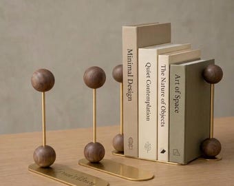 Custom Walnut Bookends with Brass Stand ,Sculptural Wooden Book Holders, Modern Shelf & Office Decor, Gift for Book Lovers