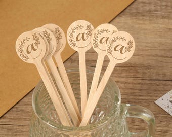 Personalized Wooden Cocktail Stirrers, Monogrammed Wedding Drink Sticks