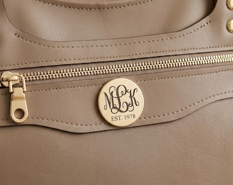 Personalized Bag Tags with Stands, Round Metal Purse Label, Laser-Engraved Text, Custom Handcrafted Product Labels