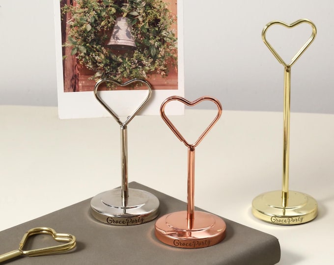 Heart Shape card holders, Stainless Steel Holders, Custom Engraved Heart Gold Stand , Table Number Stand ,Name Tag Holders, Invitation Cards