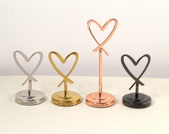 Brass Heart card holders, Stainless Steel Holders, Custom Engraved Table Number Stand ,Wedding decor, Table decor, Sitting Postcard Holders,