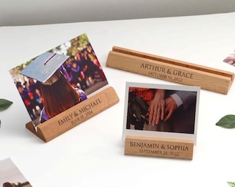 Custom Engraved Wood Photo Stands, Name Place Card Stand, Wedding Table Number Stands , Wood Holder, Name Tag Holder, Invitation Stand