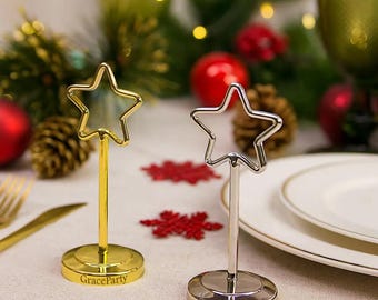 Brass table number holders, Christmas  place card holder, Custom Engraved table number Stand , Card Display Holder, Sitting Card Holders