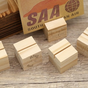 Mini Wood Table Stands, Wooden cubes, Custom Engraved Wood Photo Holder, Table Number Stand, Name Tag Holders, Invitation Stands