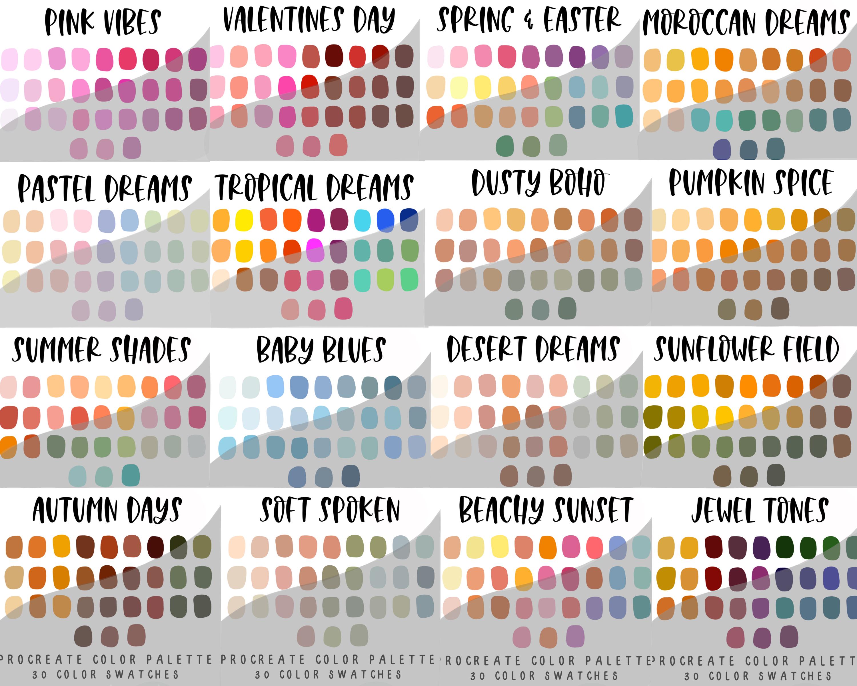 Pack de 16 paletas de color para Procreate – 480 muestras seleccionadas: pasteles, boho, tonos joya y sets de temporada