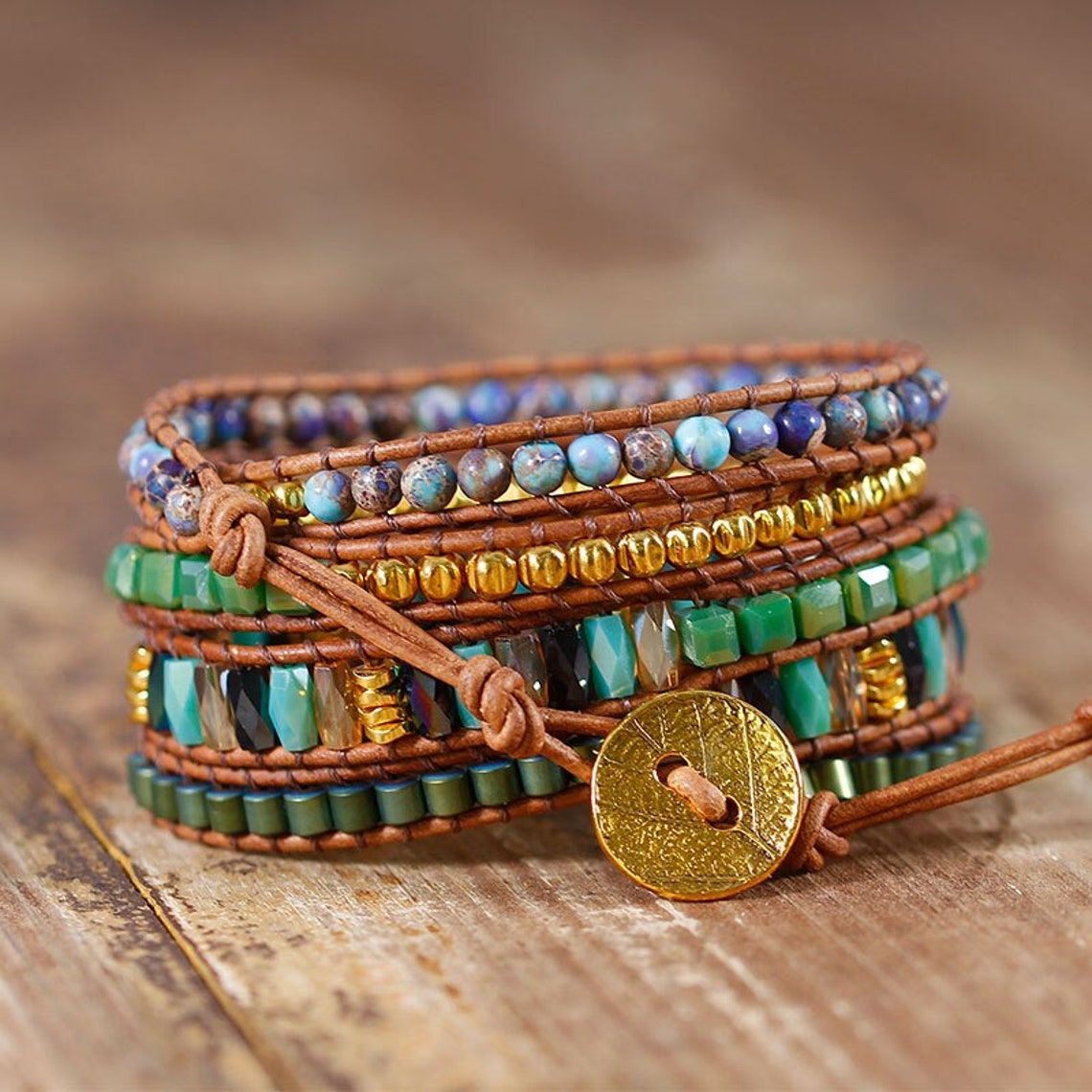 Handmade green bead wrap bracelet Bohemian leather bead | Etsy