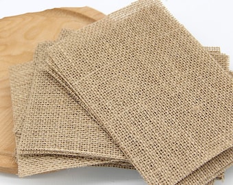 May include: A stack of brown burlap squares, perfect for crafting projects or adding a rustic touch to your decor.