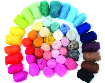 May include: A rainbow assortment of colorful wool roving, arranged in a spiral pattern. Each roving is a different shade of color, from bright red to deep blue. The wool is perfect for felting projects.