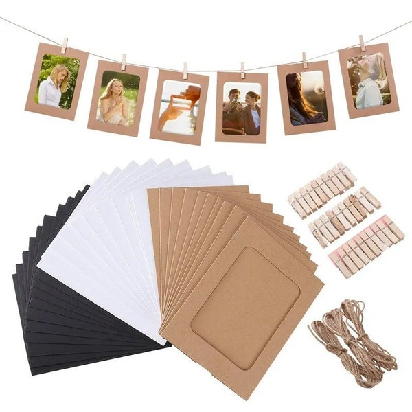 10 Pcs Display Photo Frames with Free Wooden Clips & Twine for Hanging | Paper Kraft Frame | Hanging Party Photo Frames | Free Shipping