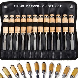 May include: A set of 12 wood carving chisels with wooden handles, arranged in a black leather roll with the text "12PCS CARVING CHISEL SET".