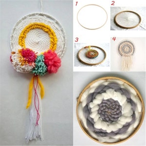 May include: A step-by-step guide to making a woven wall hanging. The first image shows a wooden hoop. The second image shows the hoop with yarn wrapped around it. The third image shows the hoop with yarn woven into a circular pattern. The fourth image shows the finished wall hanging with a white tassel.