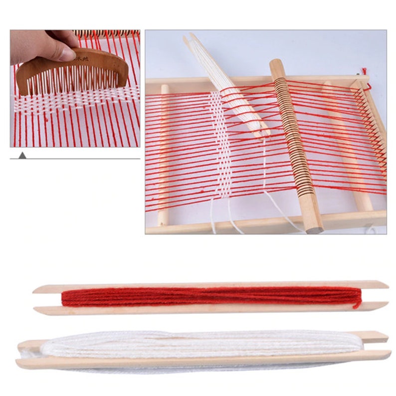 Pode incluir: Um tear de madeira com fio vermelho e branco, um pente de madeira e duas bobinas de fio. O tear &eacute; usado para tecer.