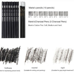 May include: A set of 10 black pencils with different lead grades, ranging from 8B to 2H. The pencils are arranged in two rows, with the lead grades labeled below each pencil. The image also shows three charcoal pens, labeled as soft, medium, and hard.