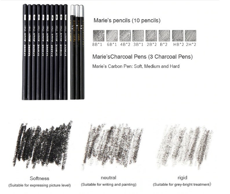 May include: A set of 10 black pencils with different lead grades, ranging from 8B to 2H. The pencils are arranged in two rows, with the lead grades labeled below each pencil. The image also shows three charcoal pens, labeled as soft, medium, and hard.