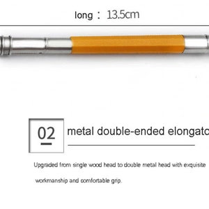 May include: A silver and yellow metal pencil extender, measuring 13.5 cm long and 1 cm wide. The extender is labeled "02 metal double-ended elongator". Upgraded from single wood head to double metal head with exquisite workmanship and comfortable grip.